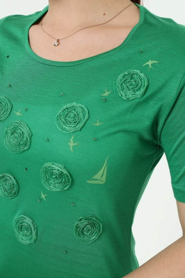 Yelken Baskı Ve Nakış Detaylı Merserize Örme T-shirt - Resim 11