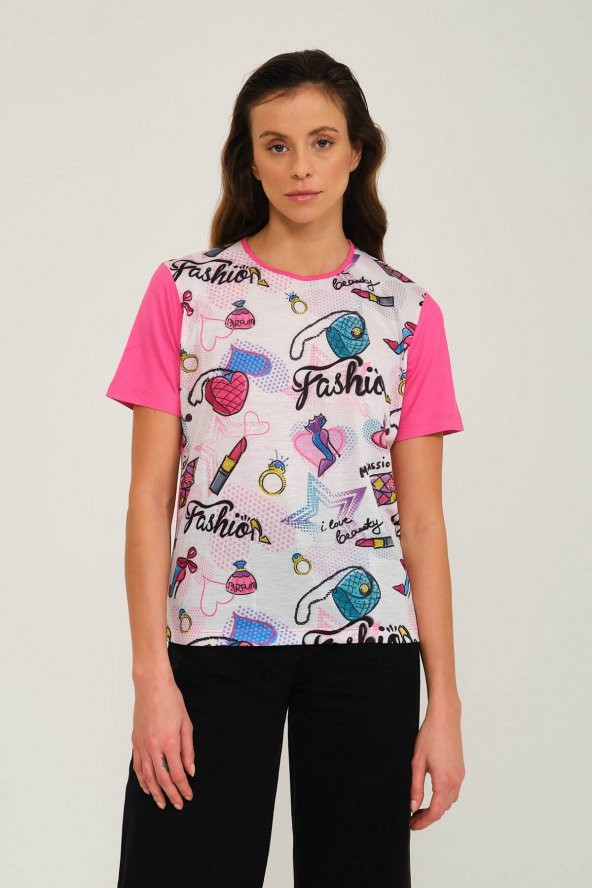 Fashion Baskılı Kristal Taşlı Viskoz T-shirt ürün görseli 1