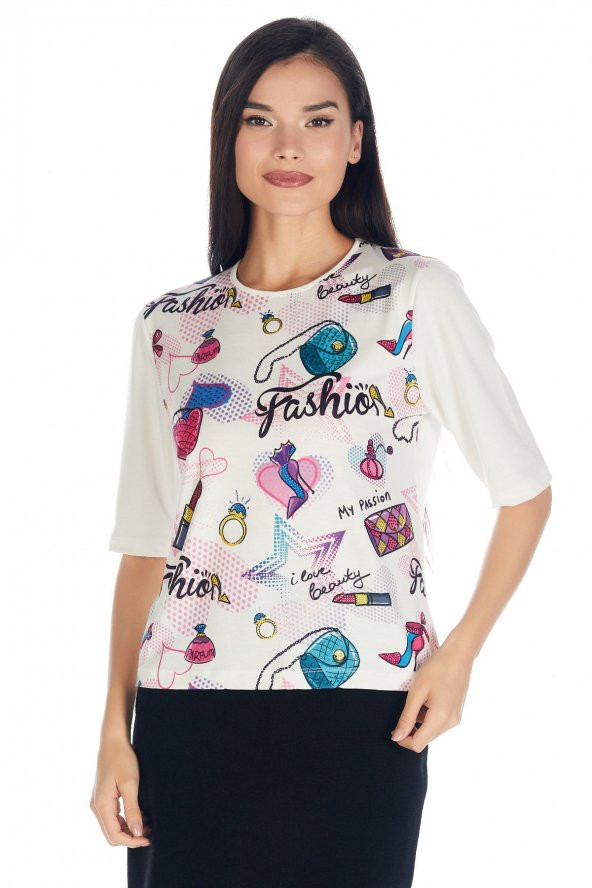 Crystal Baskılı Luxury Viskoz Tshirt Bluz ürün görseli 1
