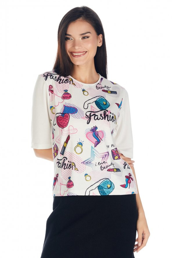 Crystal Baskılı Luxury Viskoz Tshirt Bluz - Resim 3