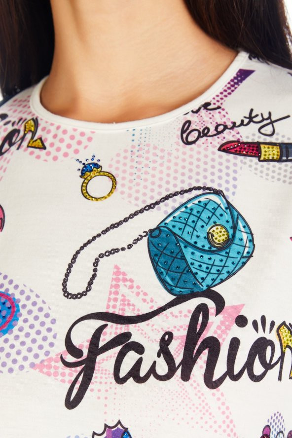 Crystal Baskılı Luxury Viskoz Tshirt Bluz - Resim 4