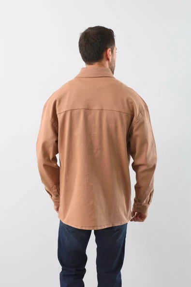 Erkek Oversize Jean Gömlek Bej - Resim 6