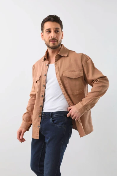 Erkek Oversize Jean Gömlek Bej - Resim 3