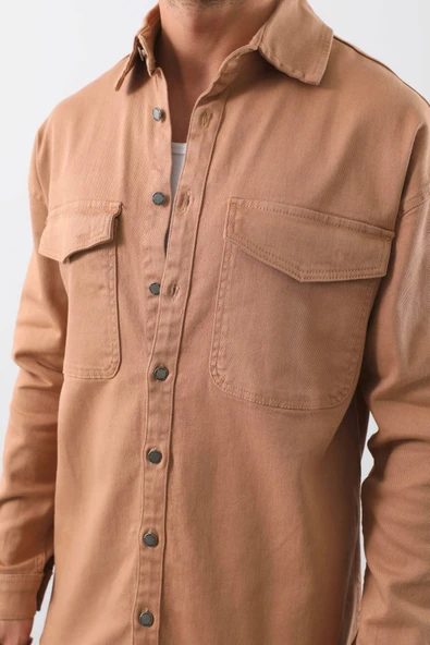 Erkek Oversize Jean Gömlek Bej - Resim 7