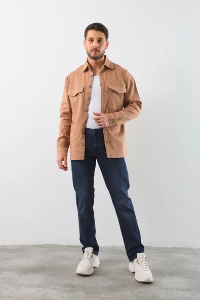 Erkek Oversize Jean Gömlek Bej - Resim 5