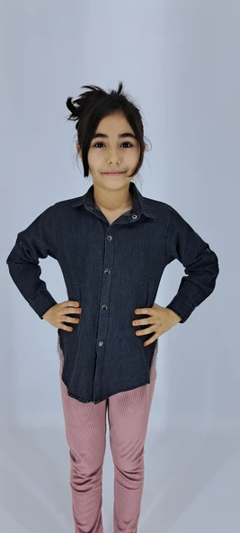 Mavi Siyah Kız Çocuk Gömlek Jeans Uzun Kol ürün görseli 1