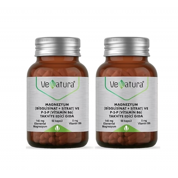 Venatura Magnezyum Bisglisinat Sitrat ve P5P Vitamin B6 60 Kapsül 2 Adet ürün görseli 1