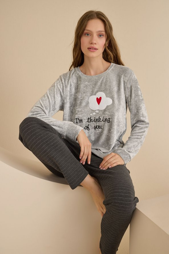 Gri Heart Kadife Pijama Takımı ürün görseli 1