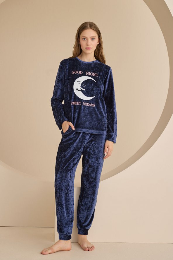 Lacivert Good Night Kadife Pijama Takımı ürün görseli 1