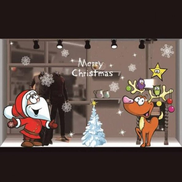 Yılbaşı Noel Sticker Renkli Noel Baba Ren Geyiği 70x50 cm ürün görseli 1
