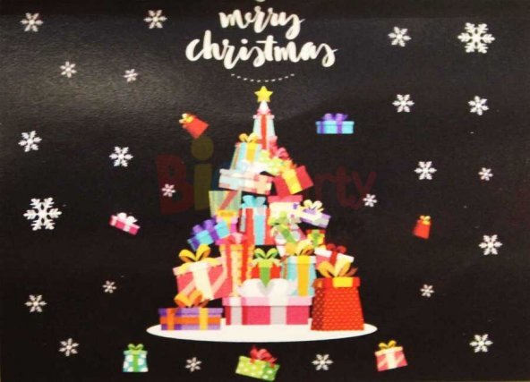 Yılbaşı Noel Sticker Renkli  Hediye Ağacı Süslü 70x50 cm ürün görseli 1