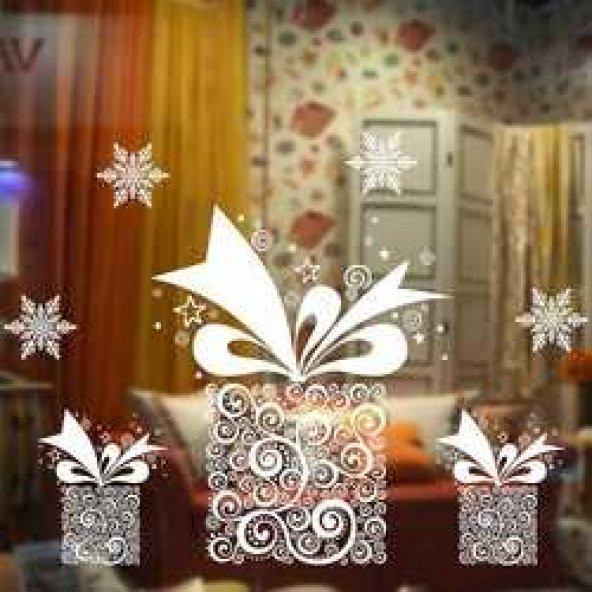 Yılbaşı Noel Sticker Beyaz Hediye Paketi Süslü 70x50 cm ürün görseli 1