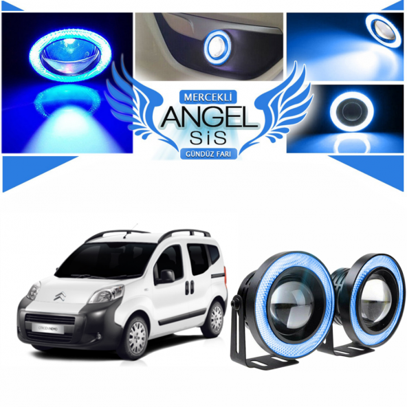 Citroën Nemo Uyumlu, Universal Mercekli Led Angel Sis Farı, 76mm Buz Mavi Renk ürün görseli 1