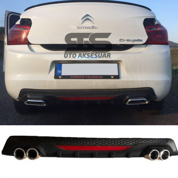 Citroen C-elysee Difüzör Arka Tampon Eki 4 Egzoz Çıkışlı Siyah Reflektörlü ürün görseli 1