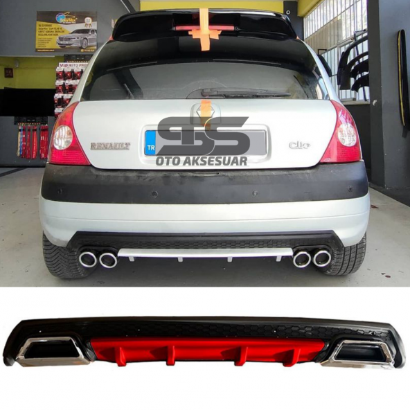 Renault Clio 2 HB Difüzör Arka Tampon Eki 2 Egzoz Çıkışlı Kırmızı Lüx Tip ürün görseli 1