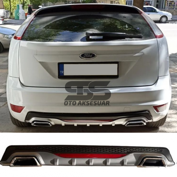 Ford Focus 2 HB Difüzör Arka Tampon Eki 2 Egzoz Çıkışlı Gri Reflektörlü ürün görseli 1