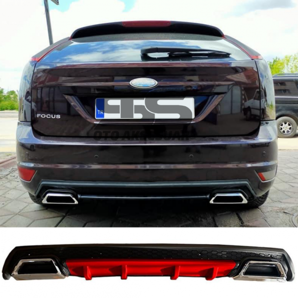 Ford Focus 2 HB Difüzör Arka Tampon Eki 2 Egzoz Çıkışlı Kırmızı Lüx Tip ürün görseli 1