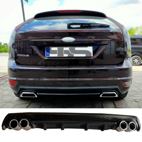 Ford Focus 2 HB Difüzör Arka Tampon Eki 4 Egzoz Çıkışlı Siyah Lüx Tip ürün görseli 1