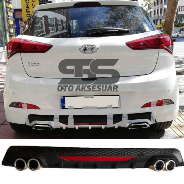 Hyundai i20 Difüzör Arka Tampon Eki 4 Egzoz Çıkışlı Siyah Reflektörlü ürün görseli 1