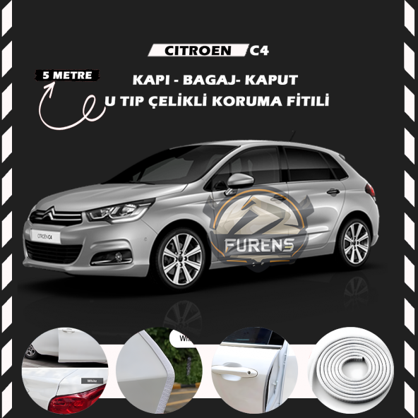 Citroen C4 Oto Araç Kapı Koruma Fitili 5metre Parlak Beyaz Renk ürün görseli 1