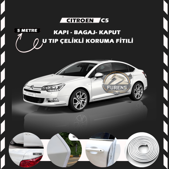 Citroen C5 Oto Araç Kapı Koruma Fitili 5metre Parlak Beyaz Renk ürün görseli 1