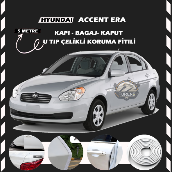 Hyundai Accent Era Oto Araç Kapı Koruma Fitili 5metre Parlak Beyaz Renk ürün görseli 1
