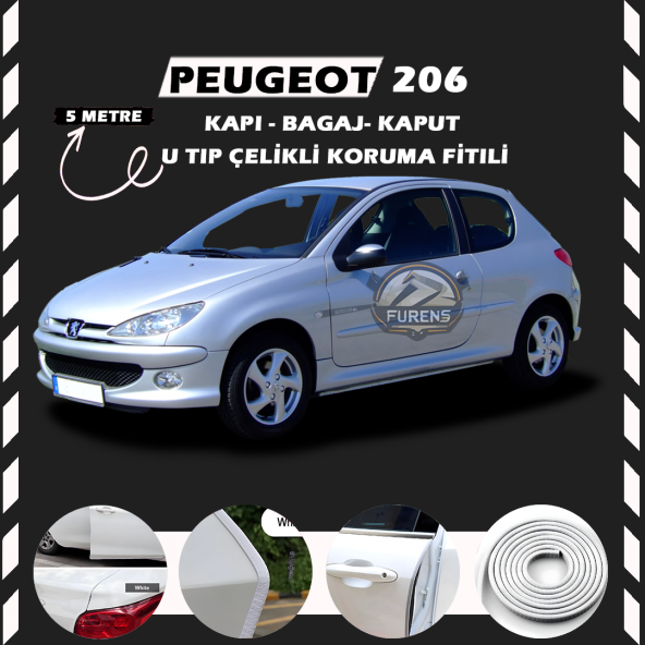 Peugeot 206 Oto Araç Kapı Koruma Fitili 5metre Parlak Beyaz Renk ürün görseli 1