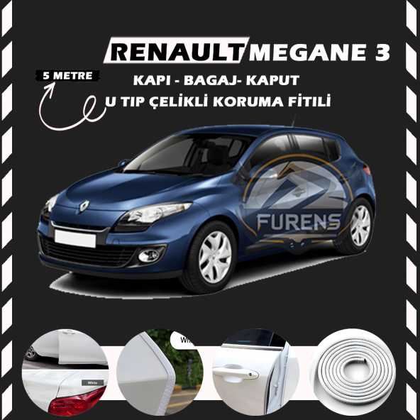 Renault Megane 3 Oto Araç Kapı Koruma Fitili 5metre Parlak Beyaz Renk ürün görseli 1