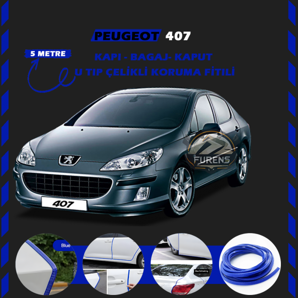 Peugeot 407 Oto Araç Kapı Koruma Fitili 5metre Parlak Mavi Renk ürün görseli 1