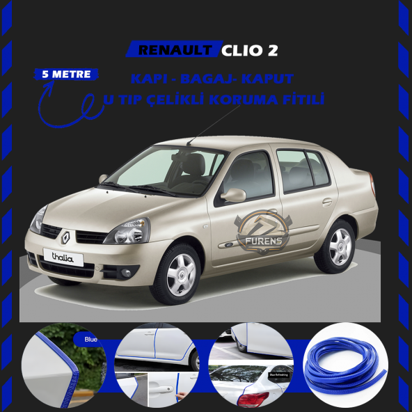 Renault Clio 2 Oto Araç Kapı Koruma Fitili 5metre Parlak Mavi Renk ürün görseli 1