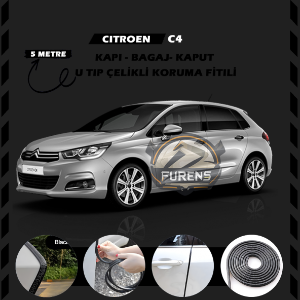 Citroen C4 Oto Araç Kapı Koruma Fitili 5metre Parlak Siyah Renk ürün görseli 1