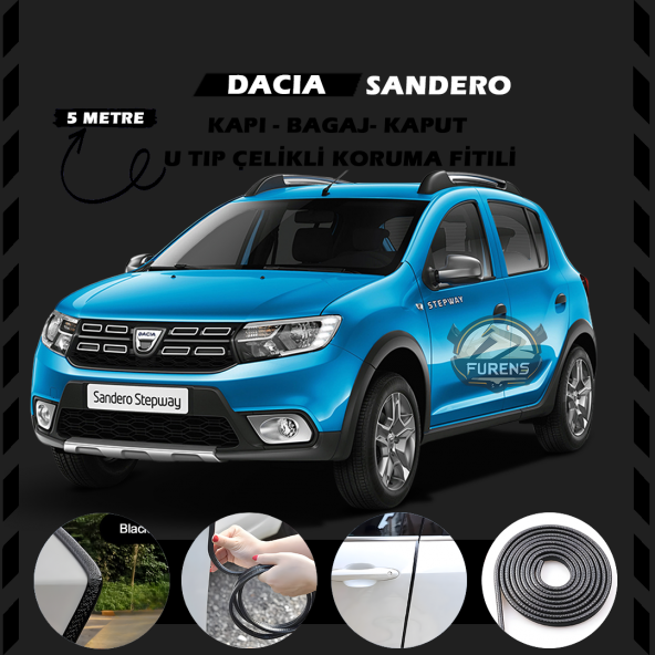 Dacia Sandero Oto Araç Kapı Koruma Fitili 5metre Parlak Siyah Renk ürün görseli 1