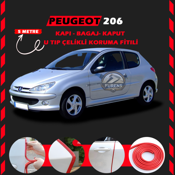 Peugeot 206 Oto Araç Kapı Koruma Fitili 5metre Parlak Kırmızı Renk ürün görseli 1