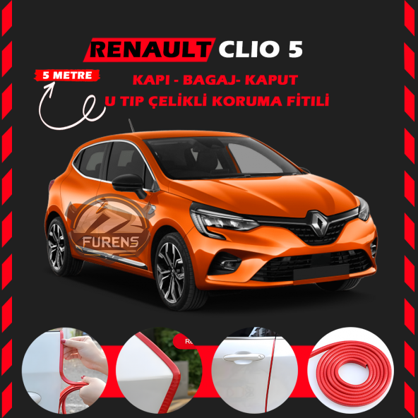 Renault Clio 5 Oto Araç Kapı Koruma Fitili 5metre Parlak Kırmızı Renk ürün görseli 1