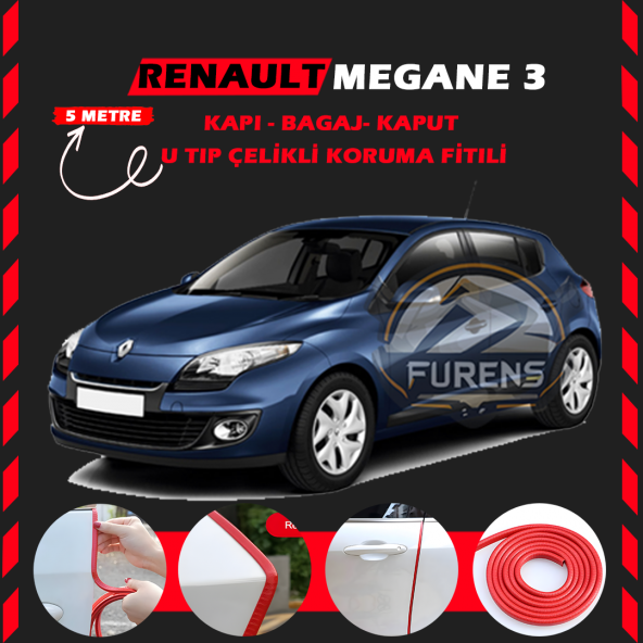 Renault Megane 3 Oto Araç Kapı Koruma Fitili 5metre Parlak Kırmızı Renk ürün görseli 1