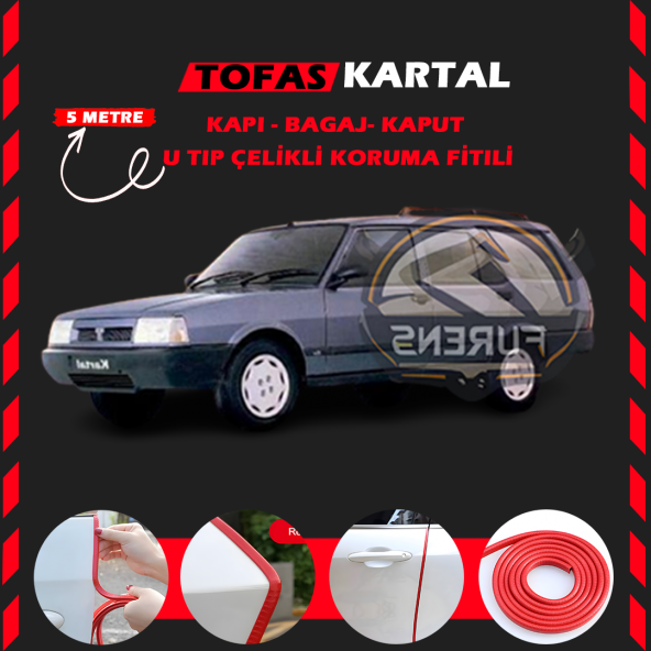 Tofaş Kartal Oto Araç Kapı Koruma Fitili 5metre Parlak Kırmızı Renk ürün görseli 1