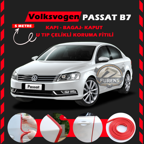 Volksvogen Passat B7 Oto Araç Kapı Koruma Fitili 5metre Parlak Kırmızı Renk ürün görseli 1
