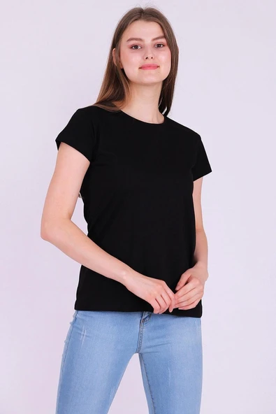 Siyah Renk %100 Pamuk Bisiklet Yaka Basic Baskısız Kadın Örme Kısa Kollu Tshirt ürün görseli 1