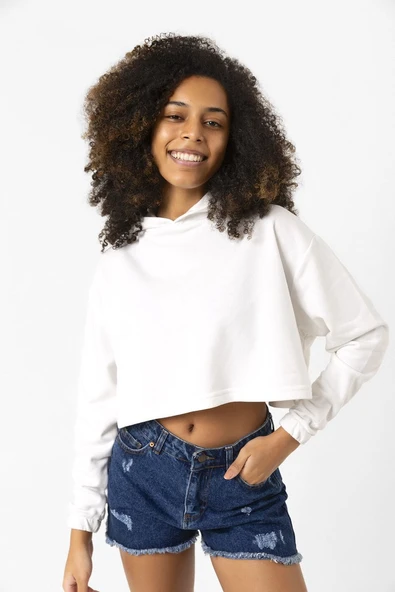 Basic Ekru Kapüşonlu Crop Sweatshirt ürün görseli 1