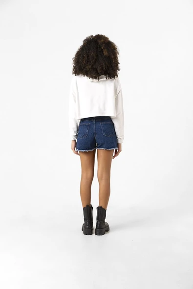 Basic Ekru Kapüşonlu Crop Sweatshirt - Resim 9
