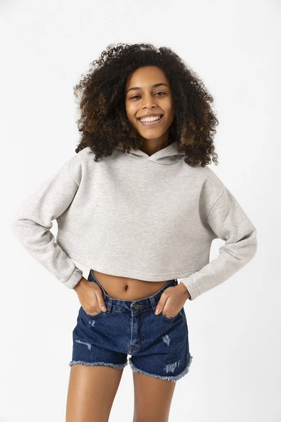 Basic Gri Kapüşonlu Crop Sweatshirt ürün görseli 1