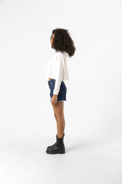 Basic Ekru Kapüşonlu Crop Sweatshirt - Resim 6