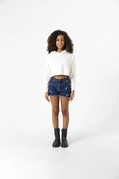 Basic Ekru Kapüşonlu Crop Sweatshirt - Resim 8