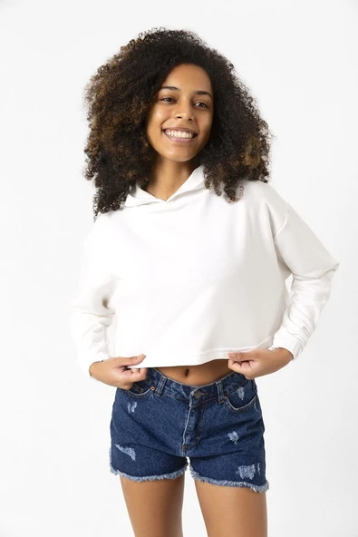 Basic Ekru Kapüşonlu Crop Sweatshirt - Resim 2