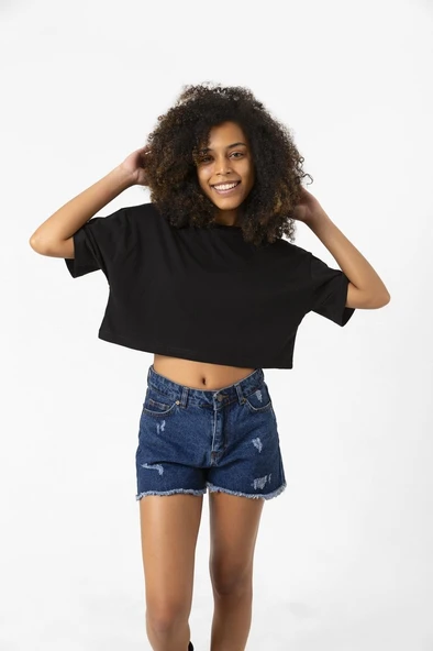 Basic Siyah Oversize Crop Tshirt ürün görseli 1
