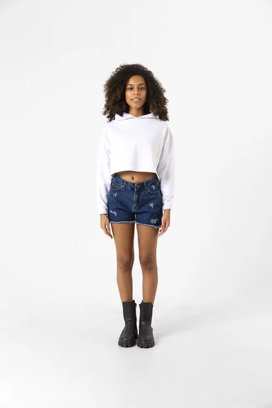 Basic Optik Beyaz Kapüşonlu Crop Sweatshirt - Resim 7
