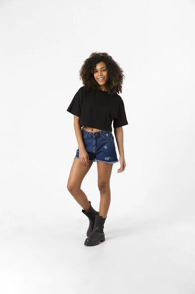 Basic Siyah Oversize Crop Tshirt - Resim 8