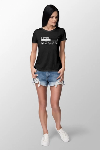 Shopping.. Baskılı Dar Kesim Kadın Siyah t-shirt ürün görseli 1