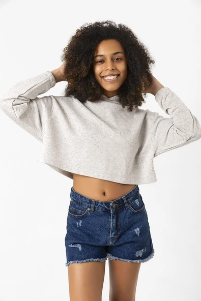 Basic Kırçıllı Gri Kapüşonlu Crop Sweatshirt - Resim 7