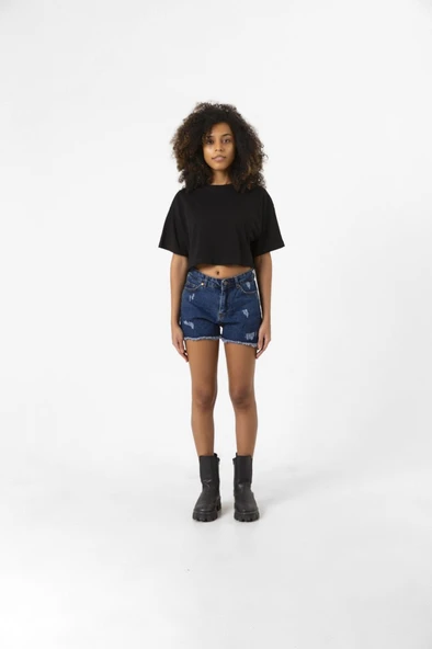 Basic Siyah Oversize Crop Tshirt - Resim 2